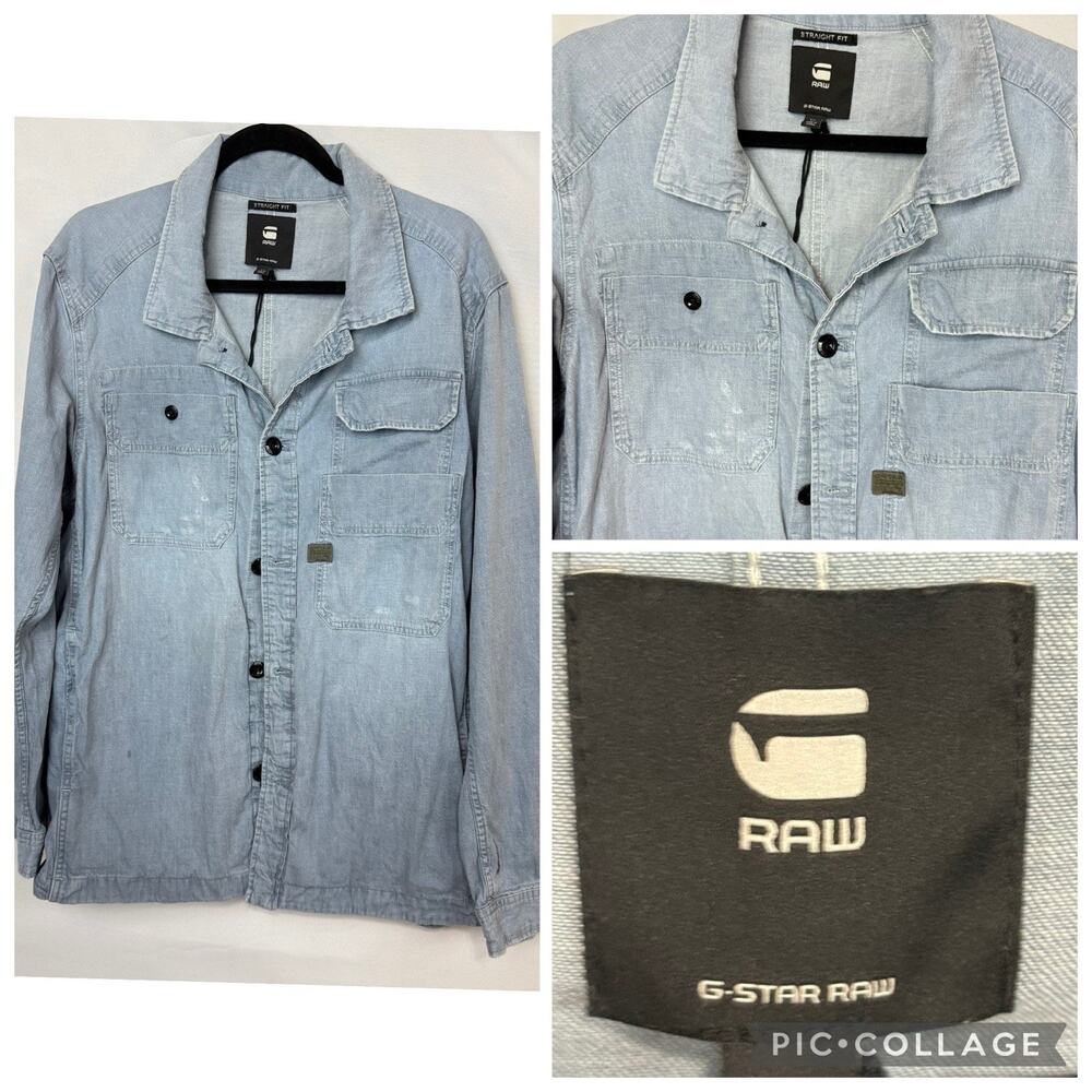G Star Raw Modern Men Size X-Large Blue Denim Distressed Button Shirt